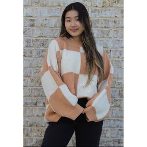 Jen & Co Women Tan Cream Checkerboard Oversized Knit Sweater Pullover L/XL NWT